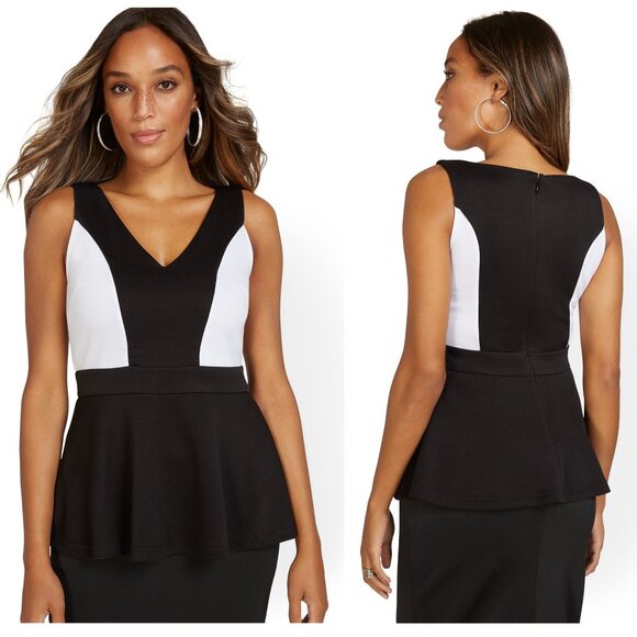 New York & Co Sleeveless V-Neck Colorblock Peplum Top, Black & White, Medium - Picture 1 of 8